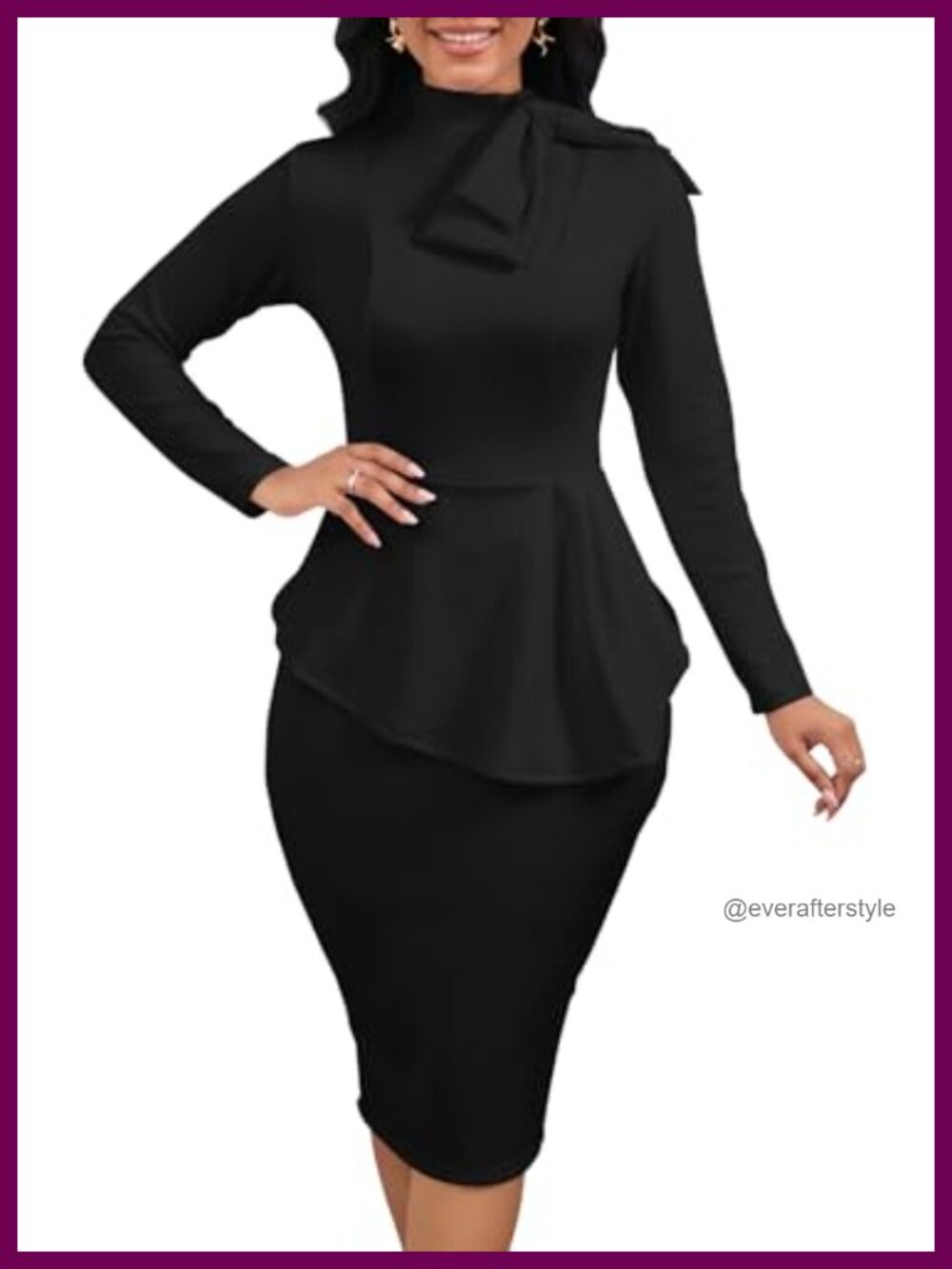 Peplum Pencil Midi Dress Long Sleeve Bodycon Business Work